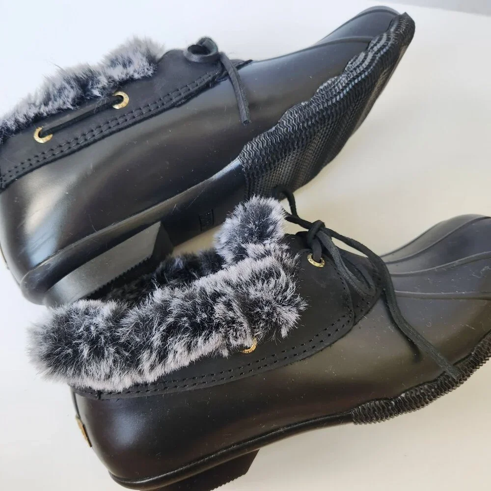 Sperry Top Sider Saltwater 1-Eye Black Duck Boots Faux Fur Cozy Cabincore 9M - Picture 8 of 12
